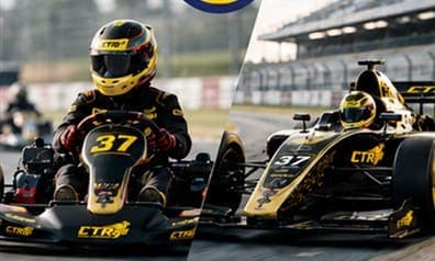 Karting-to-F4 progression in gold-and-black CTR livery.