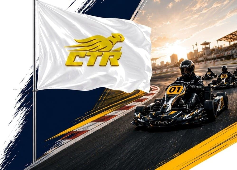 White CTR flag on a gold flagpole beside karts racing into a sunset.