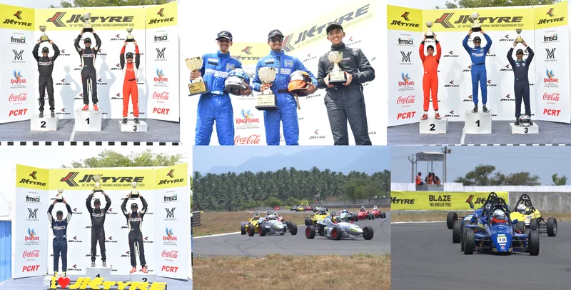 Drivers on the podium and formula cars on track, in a collage of photos