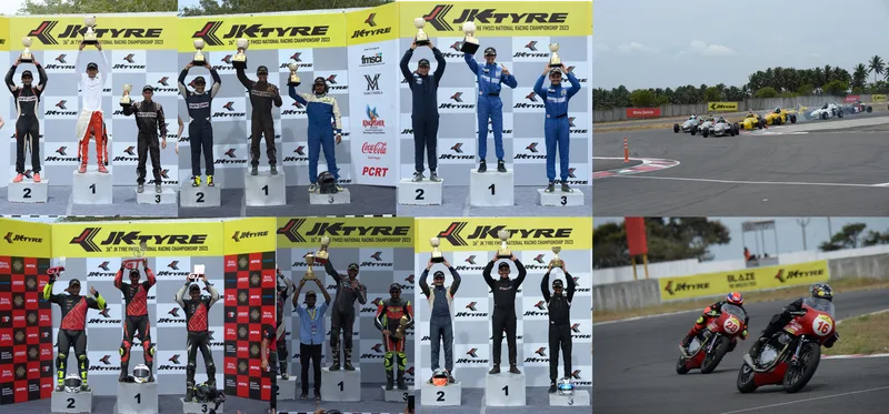 Podium ceremonies and racing on track, in a collage of photos