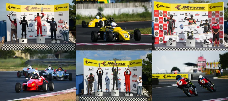Formula cars, motorcycles and podium ceremonies, in a collage of six photos